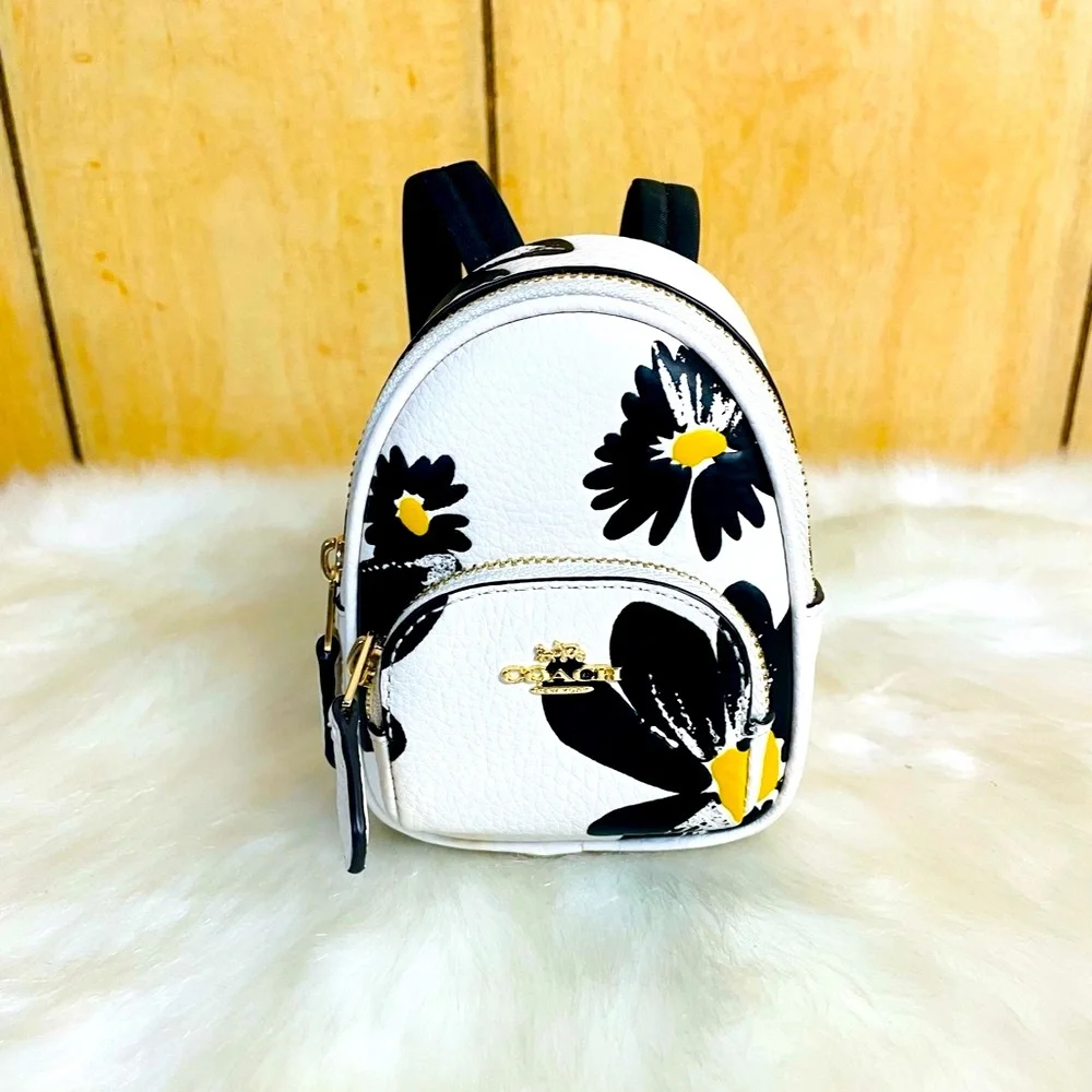 NWT Coach Brown Mini Court Backpack Bag Charm withh Floral Print